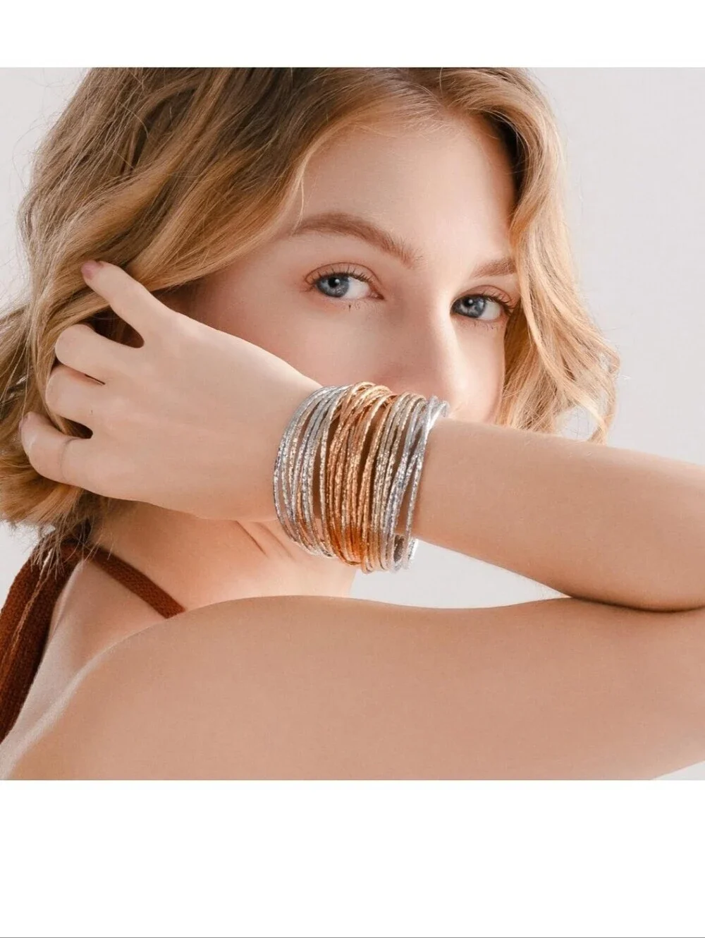 Multi-Row Silver and Gold Bangle Bracelet Stack - Women Jewelry
